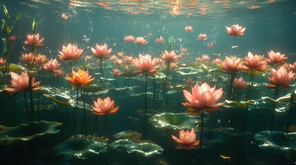 Submerged pink lotus flowers, tranquil underwater scene.