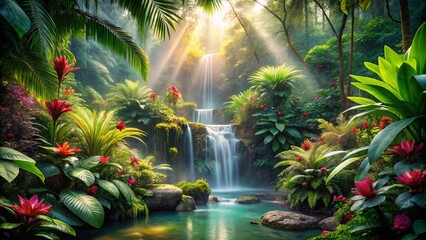 Obraz premium Lush Tropical Paradise Serene Waterfall Cascading into a Tranquil Pool Surrounded by Vibrant Blooms and Verdant Foliage