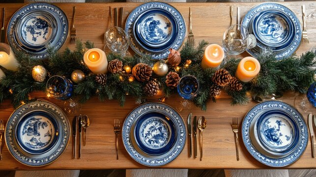 Elegant Dining Table Arrangement with Blue and White Dishware
