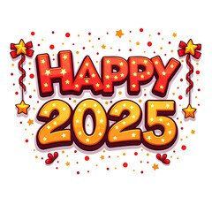 Vibrant happy 2025 celebration with stars and decorations for new year festivities, digital illustration of celebration concept.