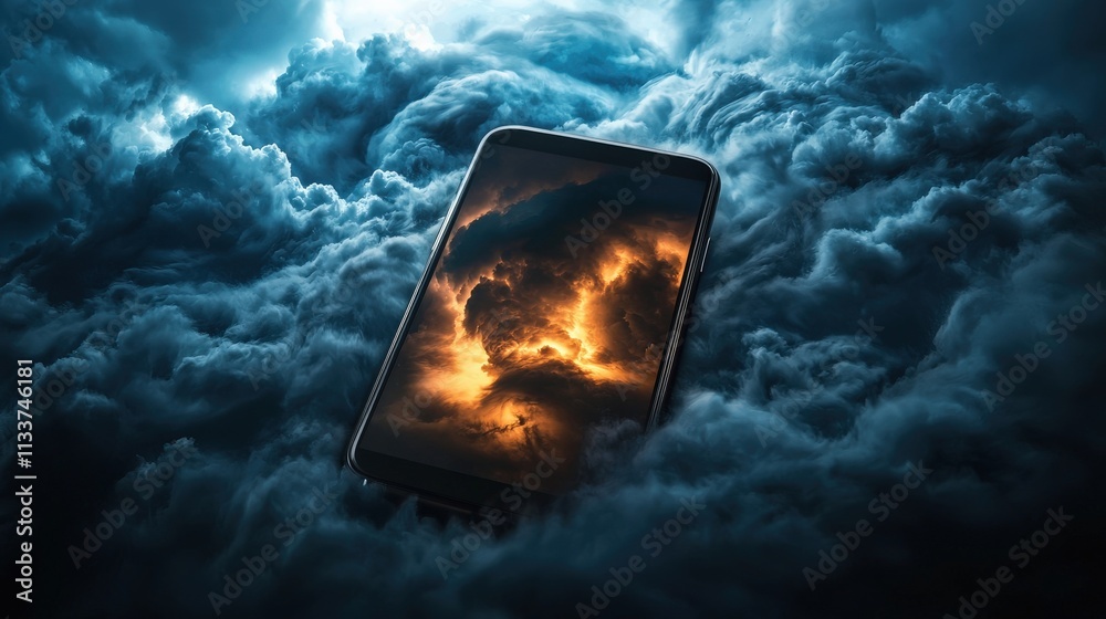 Poster a tornado warning alert displayed on a smartphone against a stormy background.