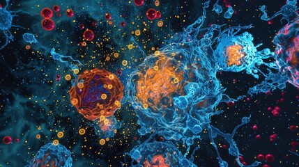 Microscopic visualization of antibody cells interacting with virus cells, representing the immune system's response to infection, suitable for scientific, medical, and educational contexts