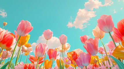 Obraz premium Beatiful sky and flower meadow concept. field of bright, colorful tulips in full bloom under blue sky