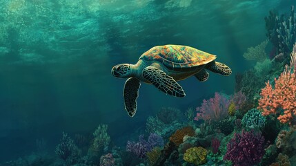 Obraz premium Colorful Turtle Swimming in Vibrant Coral Reef