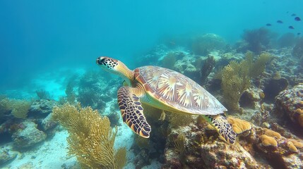 Graceful Sea Turtle Swimming in Vibrant Coral Reef