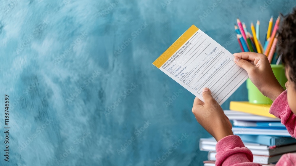 Poster a student holding a report card with excellent grades in a classroom setting.