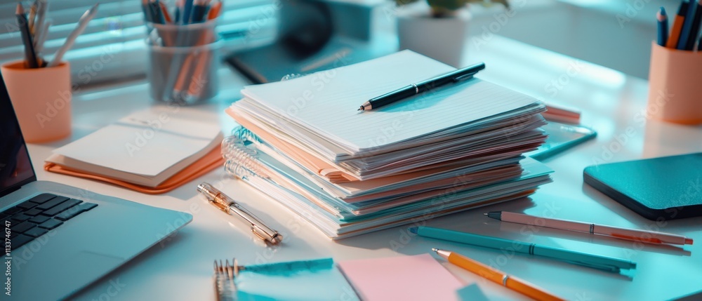 Poster a stack of note papers arranged neatly on a desk, with pens scattered around.