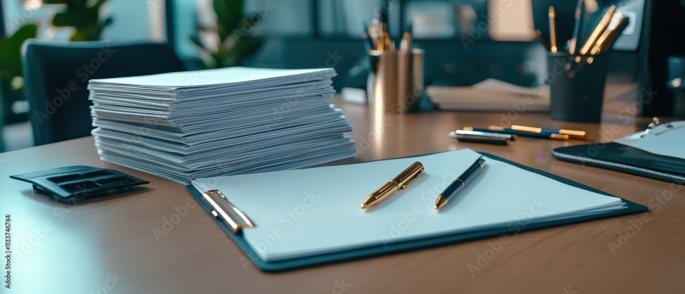 Poster a stack of note papers arranged neatly on a desk, with pens scattered around.