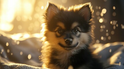 Obraz premium Adorable puppy with soft fur in glowing sunlight indoors