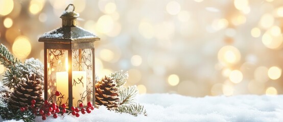 A Christmas lantern with a glowing candle, surrounded by snow-dusted pine cones, red berries, and evergreen branches, soft golden bokeh in the background, ideal for holiday greeting cards, invitations
