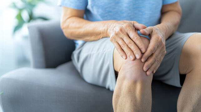 senior man sitting on couch holds his knee, showing discomfort while managing knee exercises