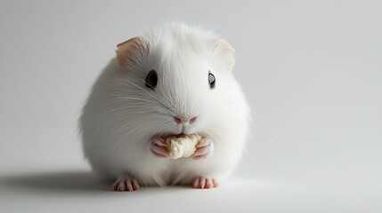 12. An adorable white guinea pig nibbling on a treat against a white background