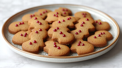 Delightful plate filled with Christmas cookies, featuring gingerbread shapes adorned with red beads, perfect for festive celebrations and holiday gatherings