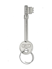 A single silver colored key with a round head and a key ring attached. isolated on white