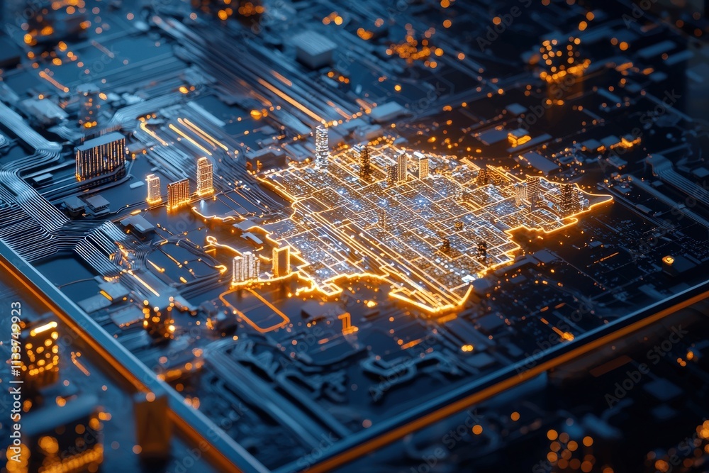Poster a glowing state map displayed on a tablet, with cities highlighted in vivid colors.