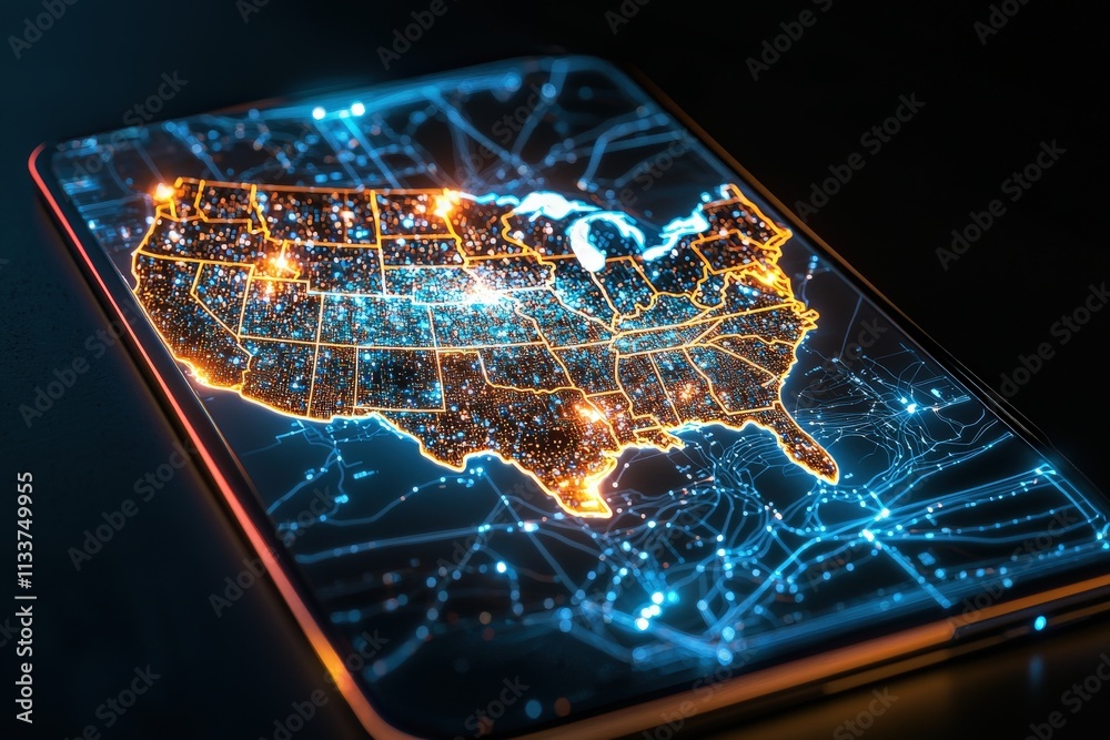Poster a glowing state map displayed on a tablet, with cities highlighted in vivid colors.