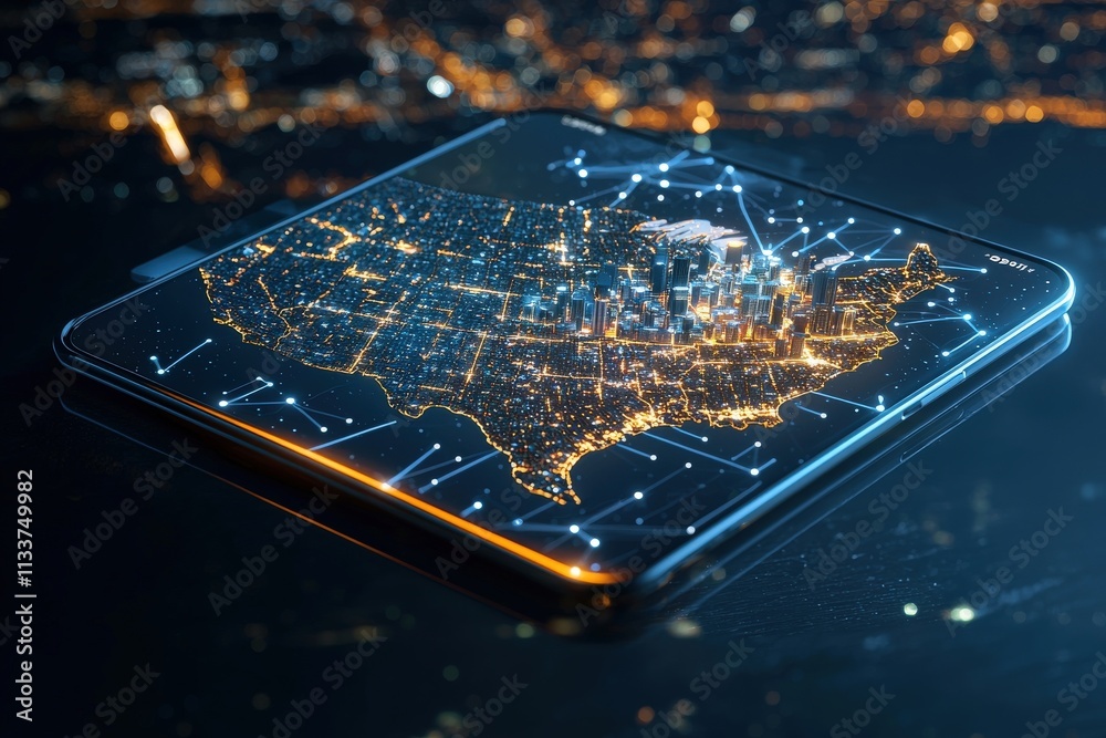Poster a glowing state map displayed on a tablet, with cities highlighted in vivid colors.
