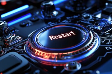 A glowing "Restart" button on a futuristic dashboard, symbolizing a fresh start.