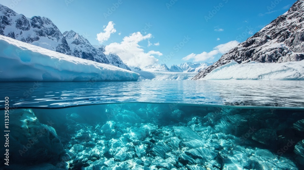 Poster a glacier melting into a clear stream, symbolizing climate change. --ar 16:9 --quality 2 --personali