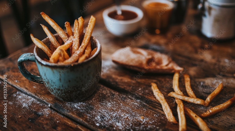 Poster golden fries piled high in a cup, resting on a wooden table with sauces and flatbread beside them, i