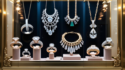 Jewelry diamond rings and necklaces show in luxury retail store window display, Generative AI