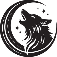 A wolf head howling at a crescent moon vector black silhouette