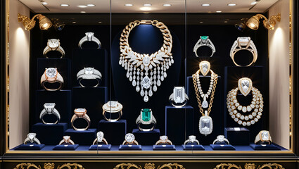 Jewelry diamond rings and necklaces show in luxury retail store window display, Generative AI