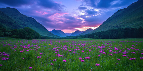 Beatiful sky and flower meadow concept. breathtaking view of wildflower meadow at twilight, surrounded by mountains