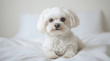 55. A charming white shih tzu dog posing with a white backdrop