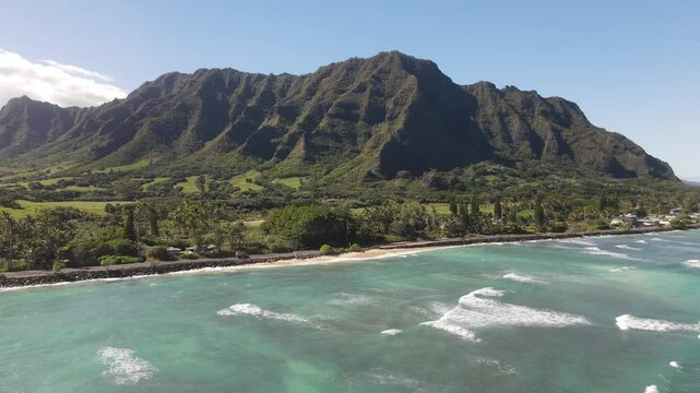 Scenic drone B-roll aerial  overview of Kaaawa Beach, Mokolii Island, Oahu Hawaii