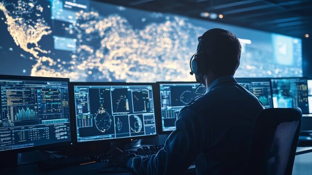 Air Traffic Controller Monitoring Global Network on Multiple Screens in Control Center