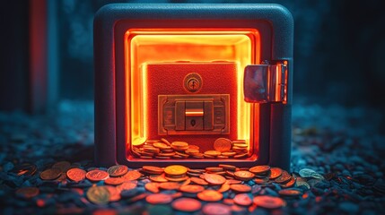 Open safe with coins, glowing red from within.