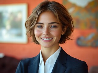 Fototapeta premium A woman in a suit is smiling for the camera