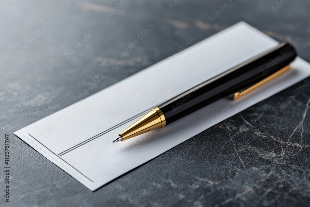 Poster a blank check resting on a sleek desk, with a pen placed diagonally across it.