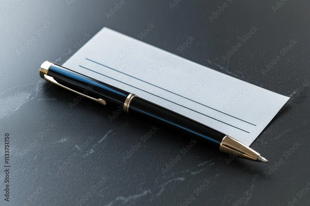 Poster a blank check resting on a sleek desk, with a pen placed diagonally across it.