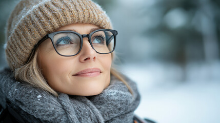 smiling woman in winter setting, wearing cozy hat and scarf, enjoys snowy landscape. Her stylish glasses add to her cheerful expression