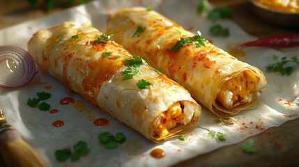 Two savory pastries drizzled with sauce, garnished with herbs.
