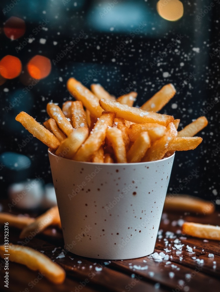 Poster crispy golden fries are piled high in a white cup, creating a tempting snack on a wooden table amids