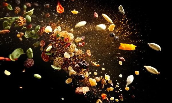 A dynamic explosion of various spices and herbs against a black background.