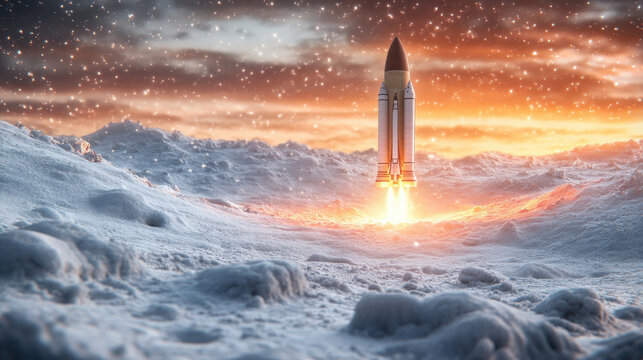rocket launches into snowy landscape, surrounded by smoke and flames, against dramatic sunset sky. scene captures excitement of space exploration
