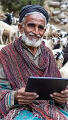 Fototapeta premium Traditional Shepherd with Modern Technology Senior Man Connects Digitally Amidst Grazing Sheep.