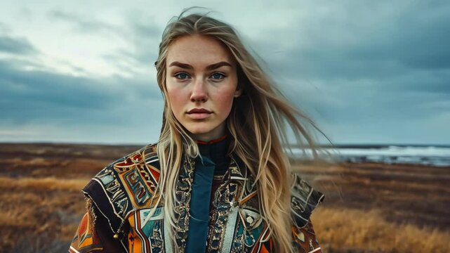 blonde hair Russian woman wearing ornate traditional coat standing at sea shore with cold wind 