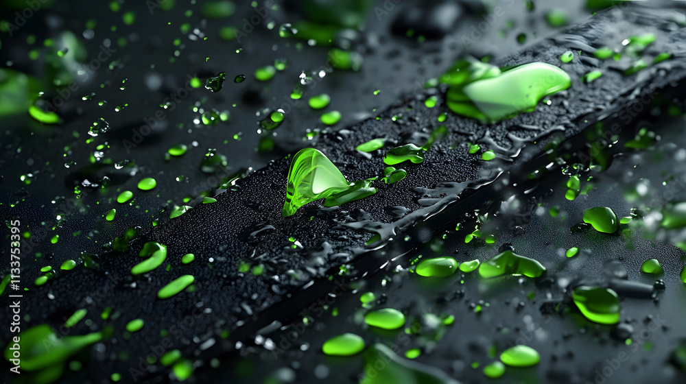Poster a close-up shot of a textured surface with vibrant green droplets of water, creating an intriguing c