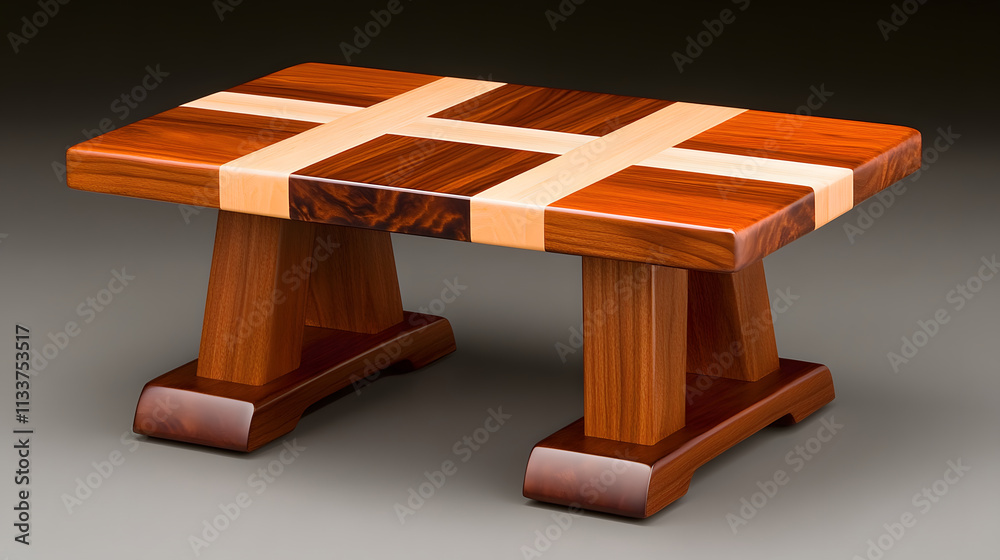 Poster a beautifully crafted wooden table featuring a unique design with contrasting wood patterns and a st