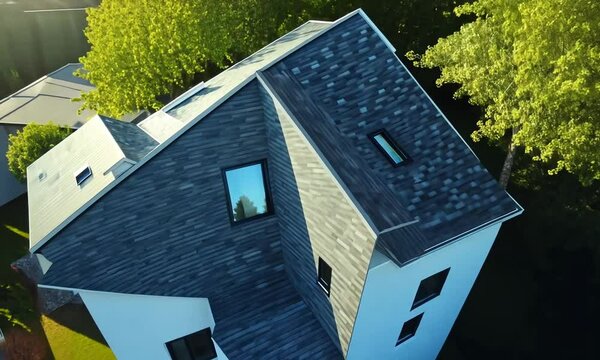 Aerial view of a residential roof with skylights and surrounding greenery.