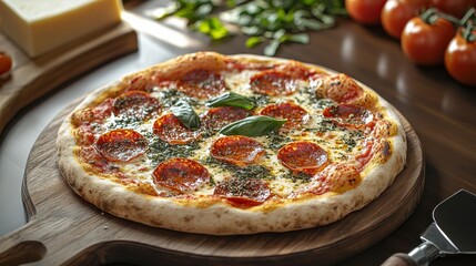 A delicious pepperoni pizza topped with fresh basil, served on a wooden board, alongside tomatoes and cheese.