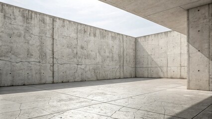 Sunlight illuminates an empty concrete room with an open roof, revealing cracks in the walls and floor, creating a stark and minimalist architectural space