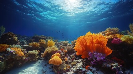 Vibrant coral reef, underwater sunlight, diverse marine life.