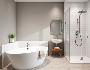 Modern bathroom interior with bathtub modern bathroom with white tiles interior with shower modern bathroom