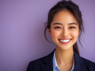 A woman in a suit is smiling for the camera
